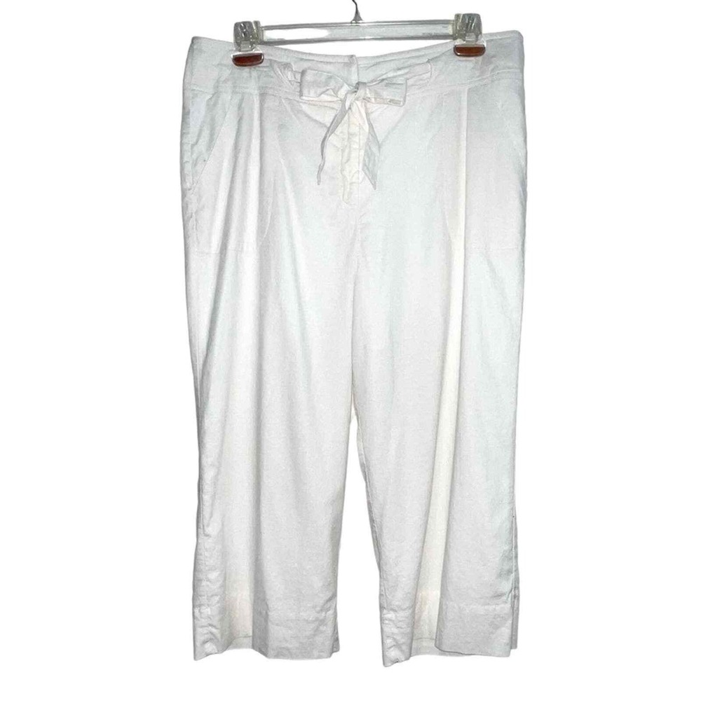 New York & Company Linen Blend Cropped Pants Womens 14 White Stretch Tie Waist